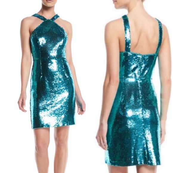 Aidan Mattox Teal Halter Sequin Dress - Picture 3 of 5
